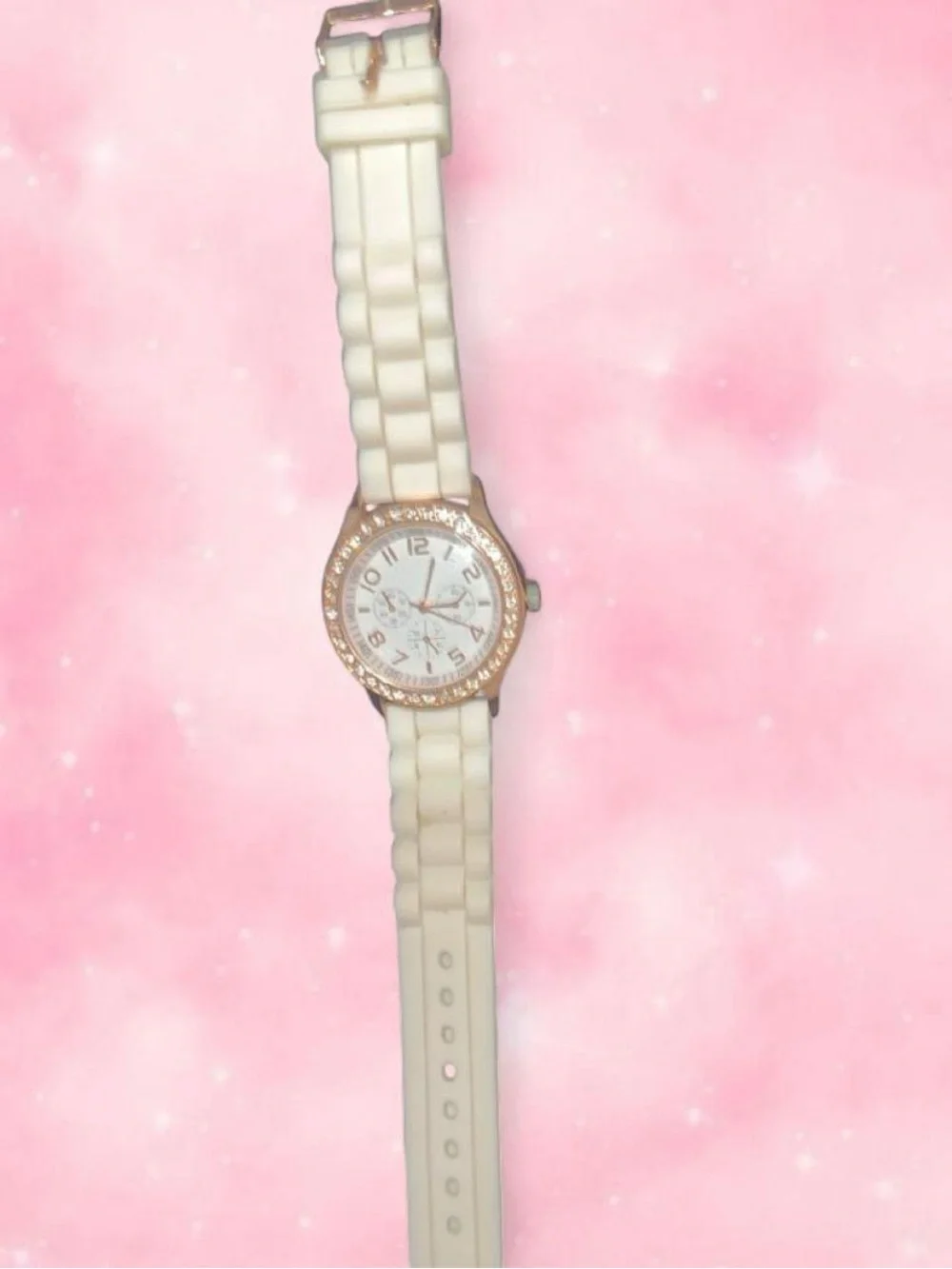 Source Unknown White Silicone Watch with Rose Gold Crystal Bezel
